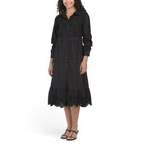 LEA Black Long Sleeve Eyelet Shirt Dress